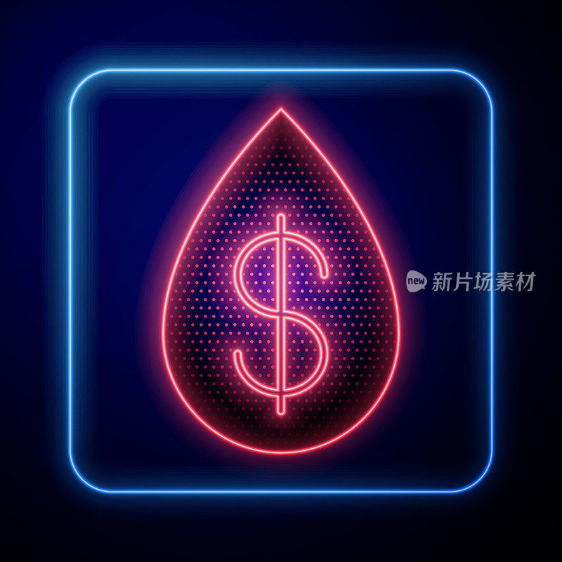 Glowing neon Oil drop with dollar symbol icon isolated on blue background. Vector Illustration